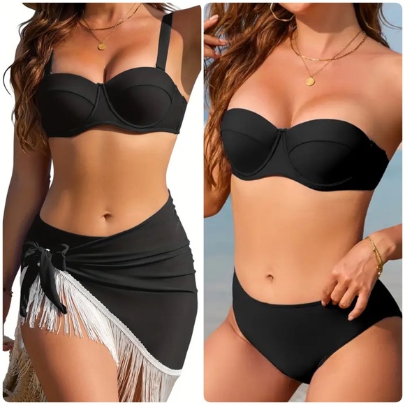 Pretty Woman Boutique Other - 3pc Black Push Up Bandeau High Waisted Bikini Set with Sarong